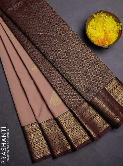 Semi kanchipuram silk saree beige and brown with zari woven buttas and zari woven korvai border