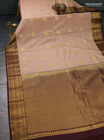 Semi kanchipuram silk saree beige and brown with zari woven buttas and zari woven korvai border