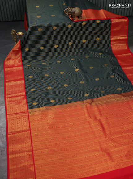 Semi kanchipuram silk saree green and red with allover zari weaves & buttas and zari woven korvai border