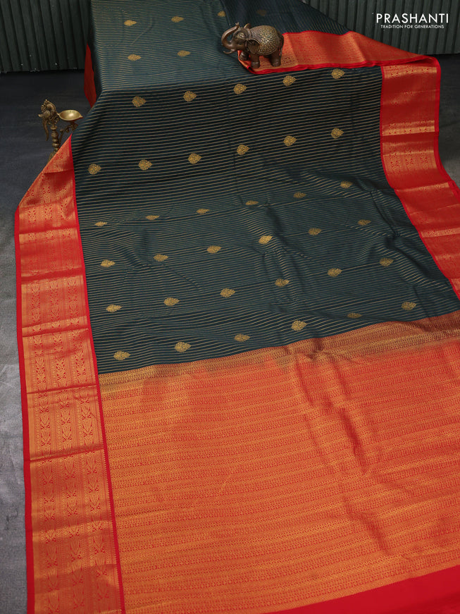 Semi kanchipuram silk saree green and red with allover zari weaves & buttas and zari woven korvai border
