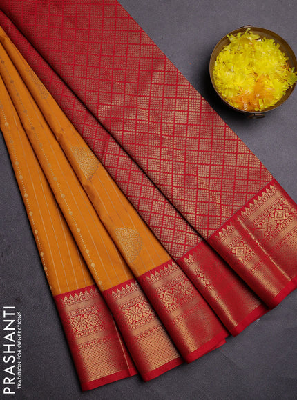 Semi kanchipuram silk saree mustard yellow and red with allover zari weaves & buttas and zari woven korvai border