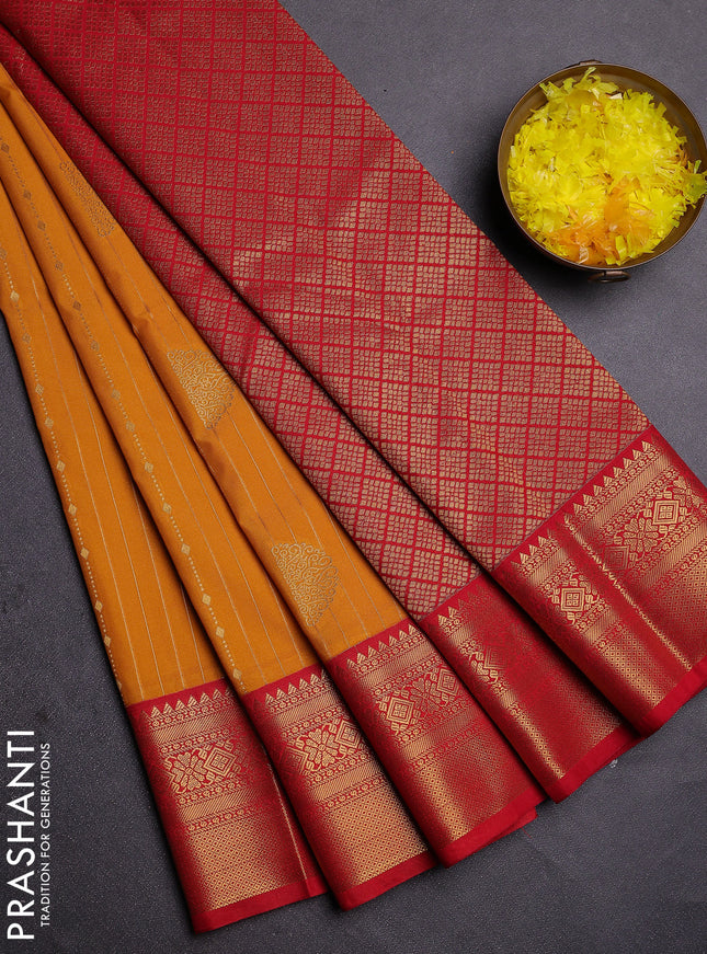 Semi kanchipuram silk saree mustard yellow and red with allover zari weaves & buttas and zari woven korvai border
