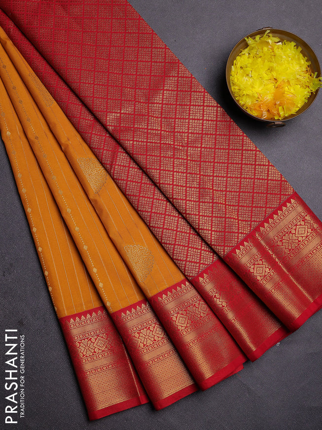 Semi kanchipuram silk saree mustard yellow and red with allover zari weaves & buttas and zari woven korvai border