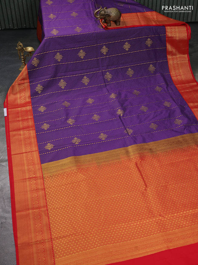 Semi kanchipuram silk saree blue and red with allover zari weaves & buttas and zari woven korvai border