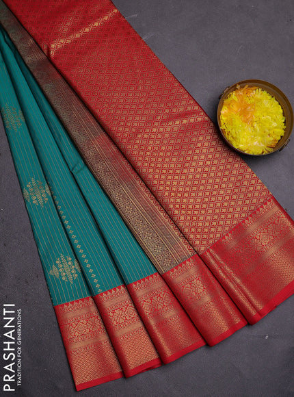 Semi kanchipuram silk saree teal green and red with allover zari weaves & buttas and zari woven korvai border