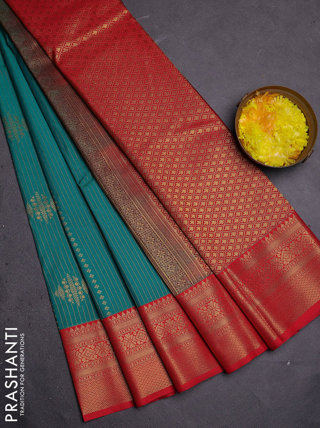 Semi kanchipuram silk saree teal green and red with allover zari weaves & buttas and zari woven korvai border