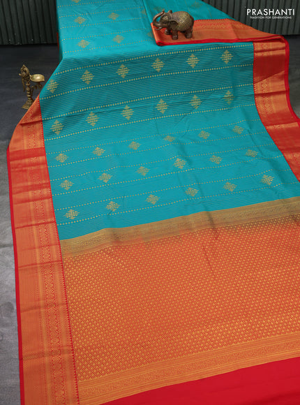 Semi kanchipuram silk saree teal green and red with allover zari weaves & buttas and zari woven korvai border