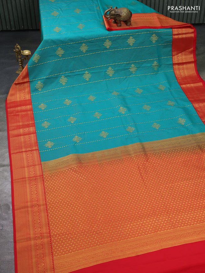 Semi kanchipuram silk saree teal green and red with allover zari weaves & buttas and zari woven korvai border