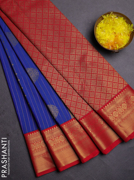 Semi kanchipuram silk saree blue and red with allover zari weaves & buttas and zari woven korvai border