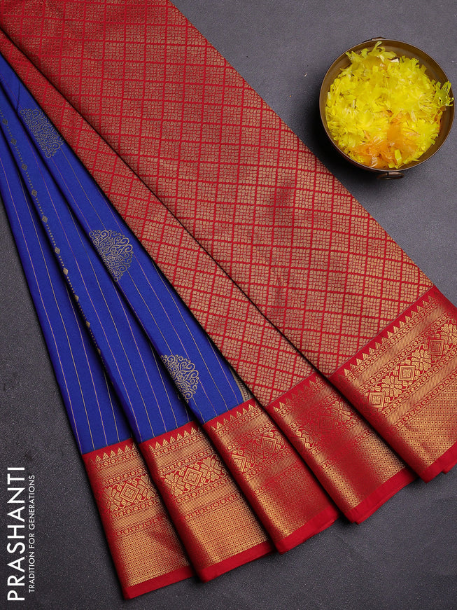 Semi kanchipuram silk saree blue and red with allover zari weaves & buttas and zari woven korvai border