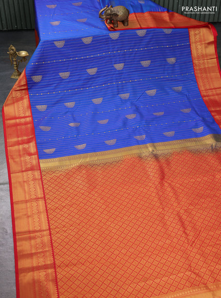 Semi kanchipuram silk saree blue and red with allover zari weaves & buttas and zari woven korvai border