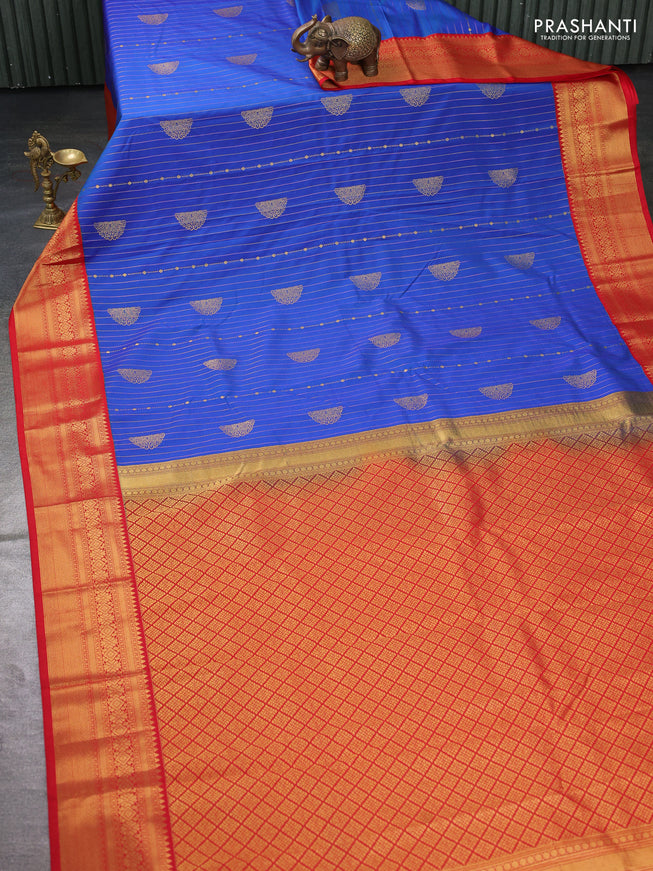 Semi kanchipuram silk saree blue and red with allover zari weaves & buttas and zari woven korvai border