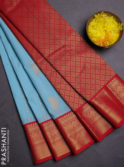 Semi kanchipuram silk saree light blue and red with allover zari weaves & buttas and zari woven border