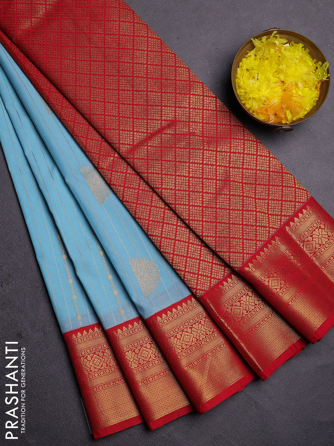 Semi kanchipuram silk saree light blue and red with allover zari weaves & buttas and zari woven border