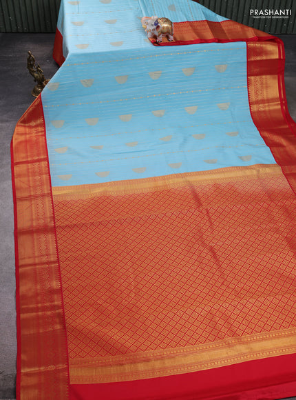 Semi kanchipuram silk saree light blue and red with allover zari weaves & buttas and zari woven border
