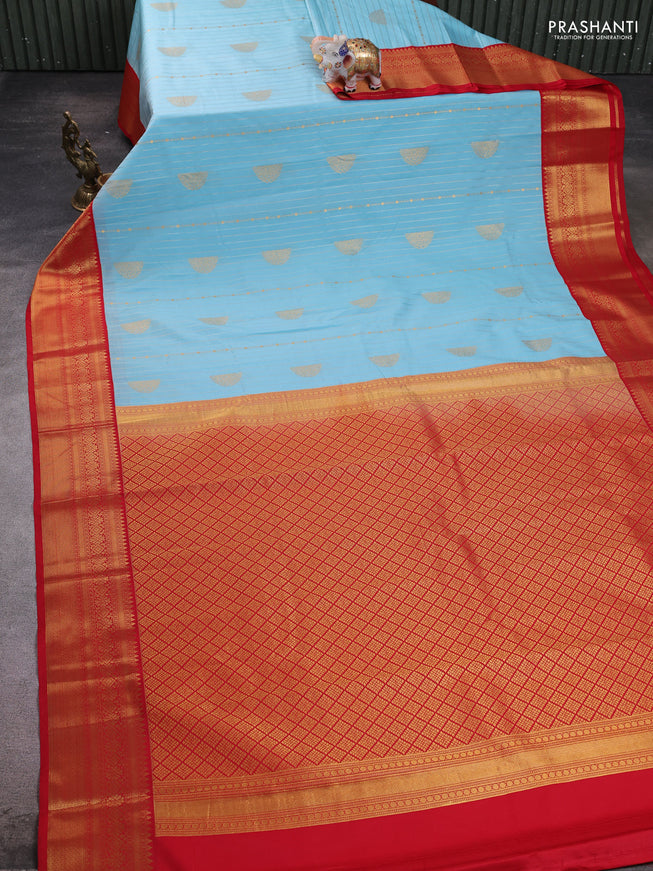 Semi kanchipuram silk saree light blue and red with allover zari weaves & buttas and zari woven border
