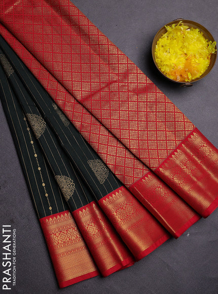 Semi kanchipuram silk saree bottle green and red with allover zari weaves & buttas and zari woven border