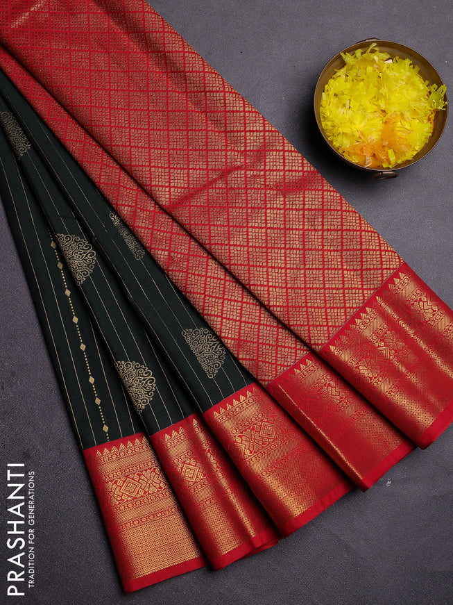 Semi kanchipuram silk saree bottle green and red with allover zari weaves & buttas and zari woven border