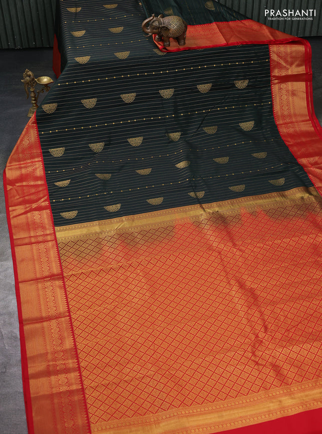 Semi kanchipuram silk saree bottle green and red with allover zari weaves & buttas and zari woven border