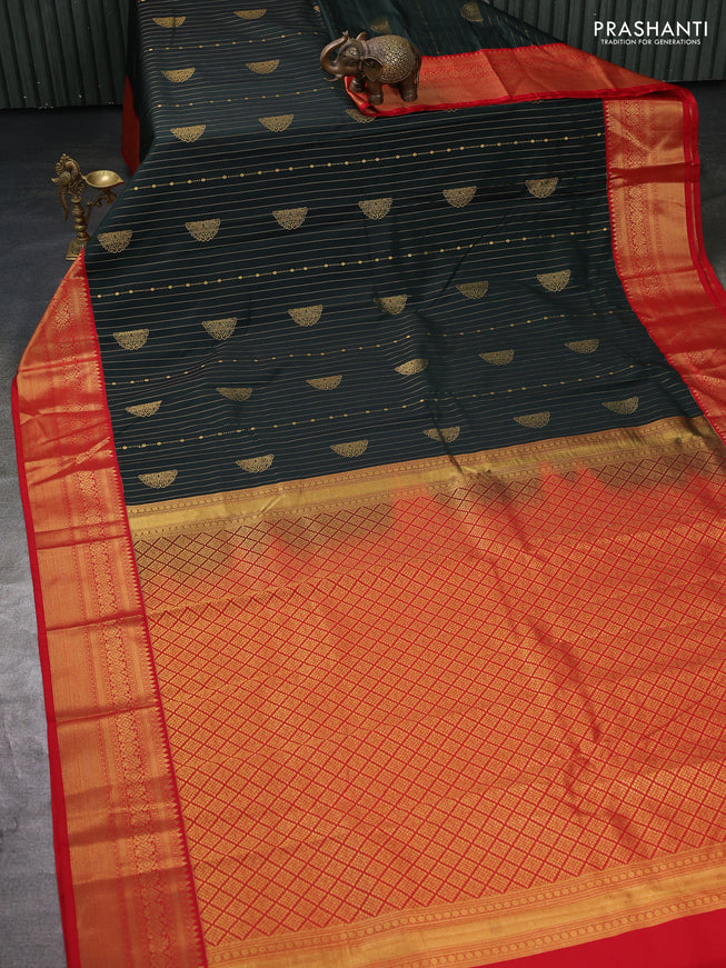 Semi kanchipuram silk saree bottle green and red with allover zari weaves & buttas and zari woven border