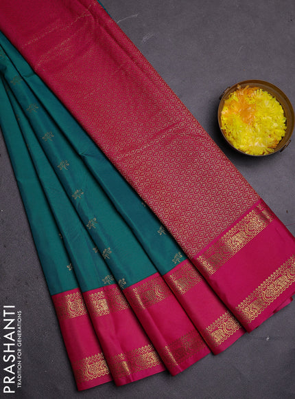 Semi kanchipuram silk saree green and pink with zari woven buttas and rettapet zari woven border