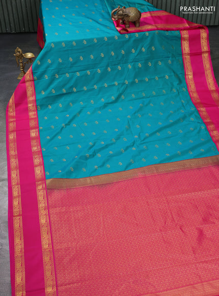 Semi kanchipuram silk saree green and pink with zari woven buttas and rettapet zari woven border