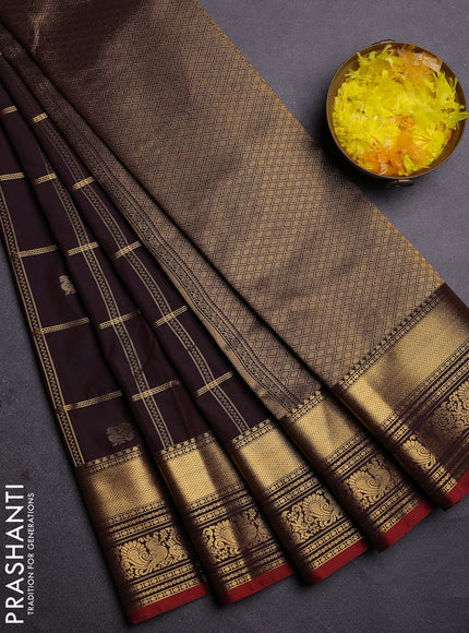 Semi kanchipuram silk saree coffee brown and maroon with allover zari checks & buttas and rich zari woven border