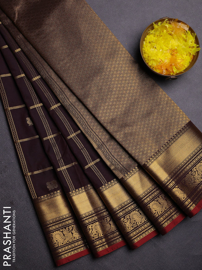 Semi kanchipuram silk saree coffee brown and maroon with allover zari checks & buttas and rich zari woven border