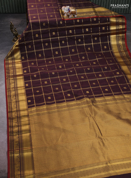 Semi kanchipuram silk saree coffee brown and maroon with allover zari checks & buttas and rich zari woven border