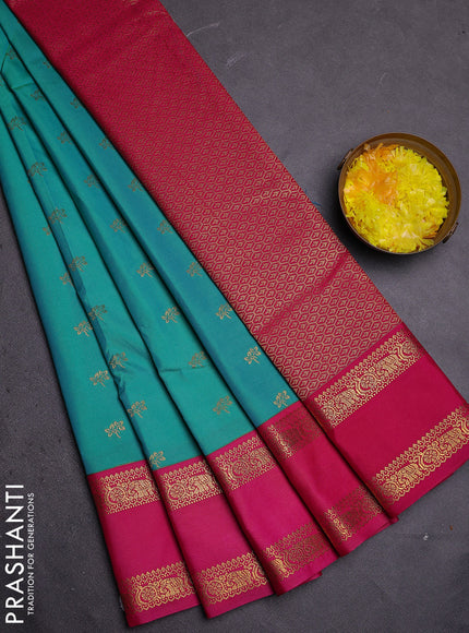 Semi kanchipuram silk saree teal blue and pink with zari woven buttas and rettapet zari woven border