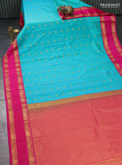 Semi kanchipuram silk saree teal blue and pink with zari woven buttas and rettapet zari woven border