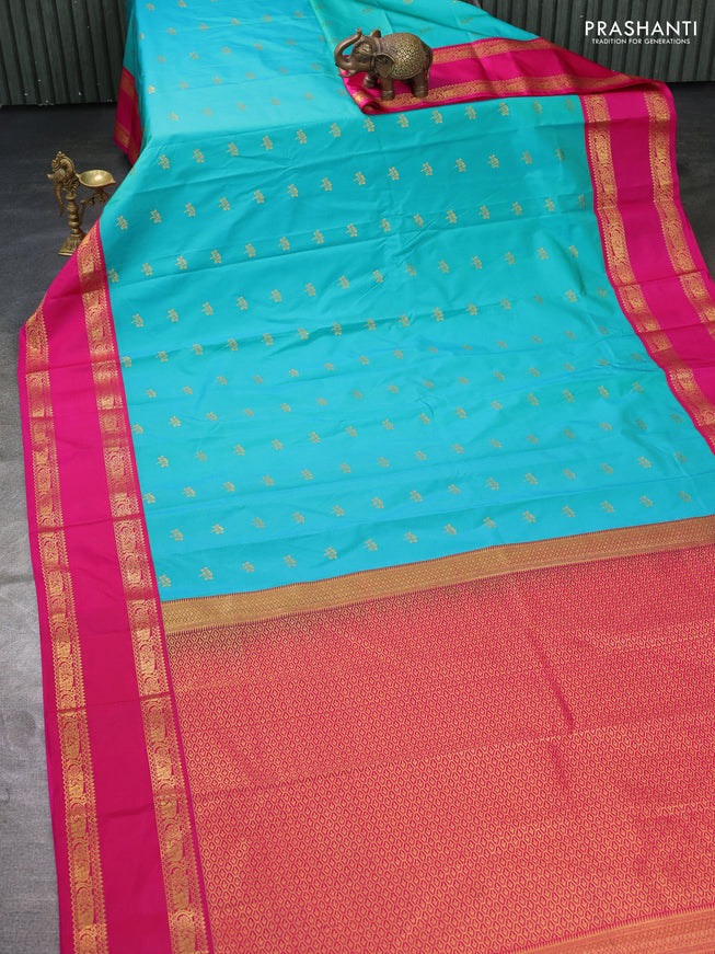 Semi kanchipuram silk saree teal blue and pink with zari woven buttas and rettapet zari woven border