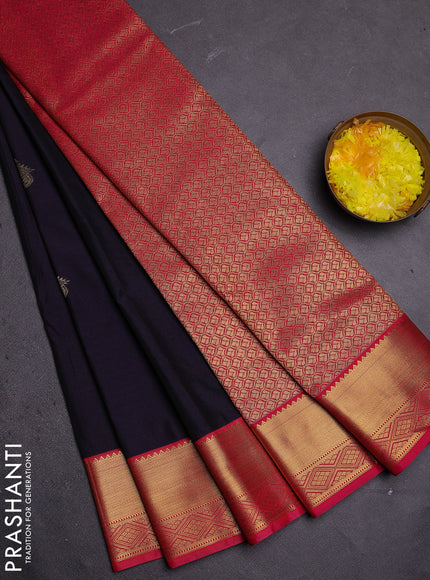 Semi kanchipuram silk saree navy blue and pink with zari woven buttas and zari woven border