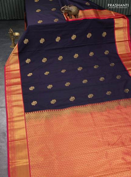 Semi kanchipuram silk saree navy blue and pink with zari woven buttas and zari woven border