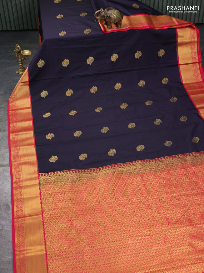 Semi kanchipuram silk saree navy blue and pink with zari woven buttas and zari woven border