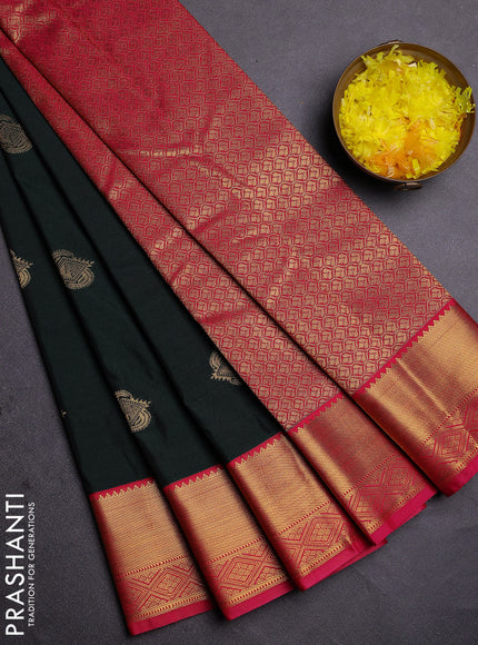 Semi kanchipuram silk saree dark green and pink with zari woven buttas and zari woven border