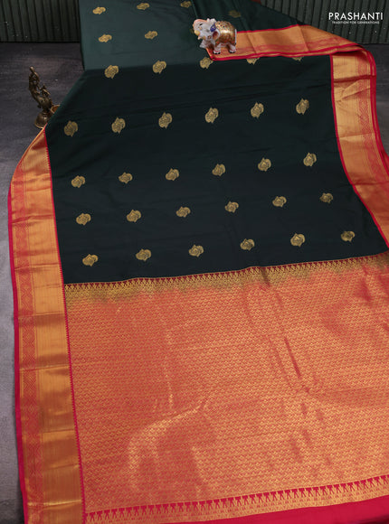 Semi kanchipuram silk saree dark green and pink with zari woven buttas and zari woven border
