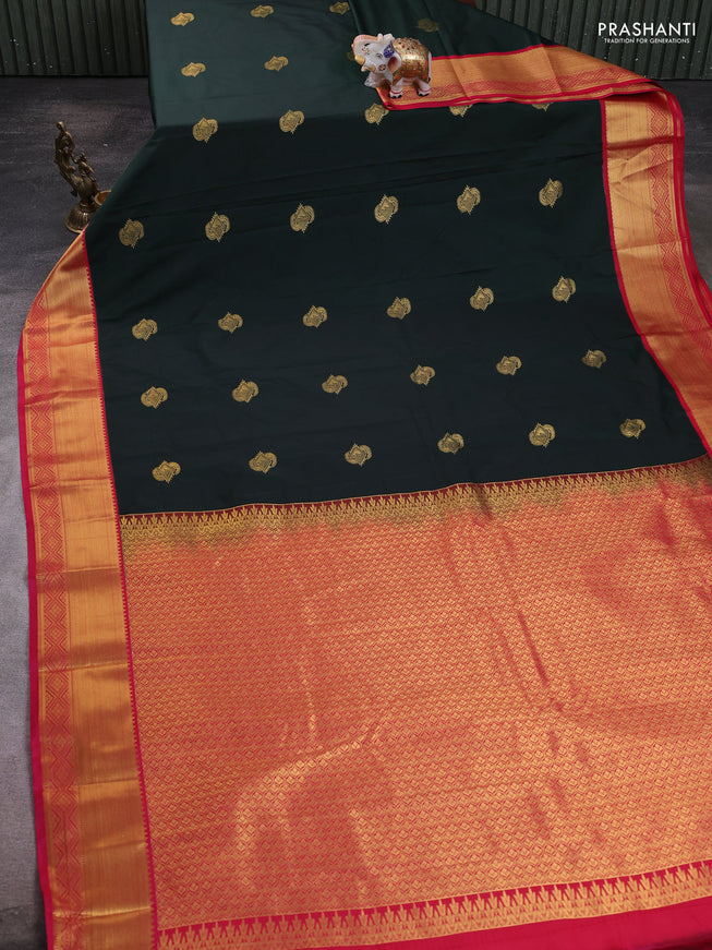 Semi kanchipuram silk saree dark green and pink with zari woven buttas and zari woven border