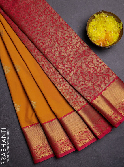 Semi kanchipuram silk saree mango yellow and pink with zari woven buttas and zari woven border