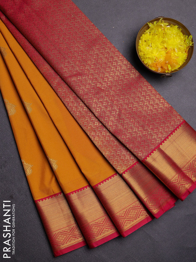Semi kanchipuram silk saree mango yellow and pink with zari woven buttas and zari woven border