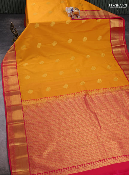 Semi kanchipuram silk saree mango yellow and pink with zari woven buttas and zari woven border