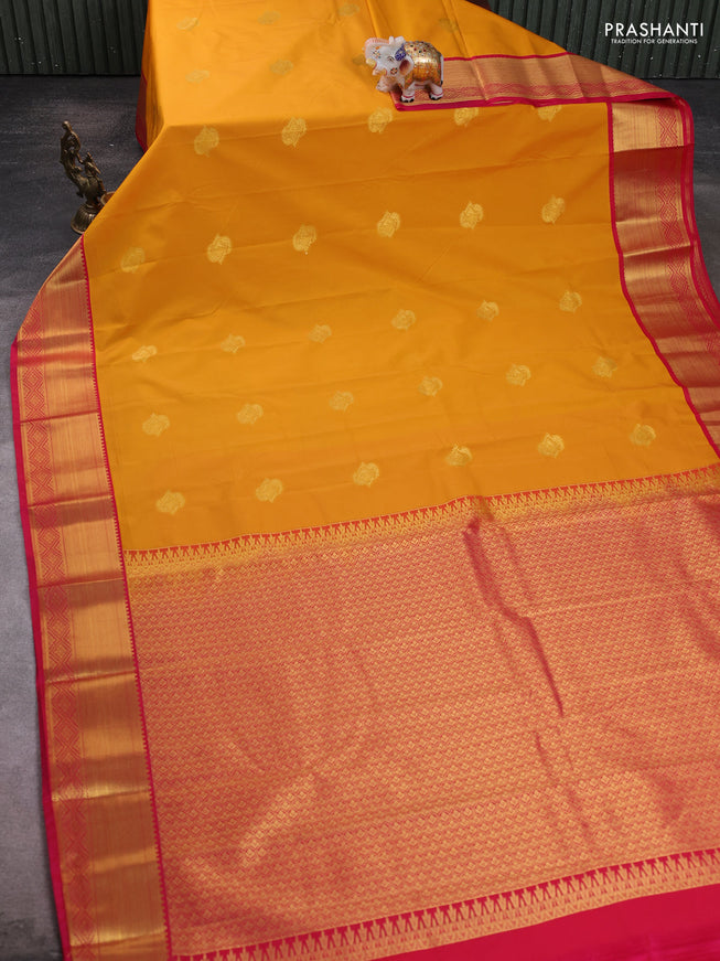 Semi kanchipuram silk saree mango yellow and pink with zari woven buttas and zari woven border