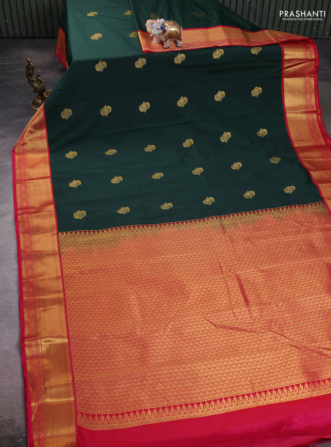 Semi kanchipuram silk saree green and pink with zari woven buttas and zari woven border