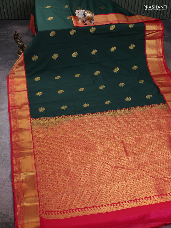 Semi kanchipuram silk saree green and pink with zari woven buttas and zari woven border