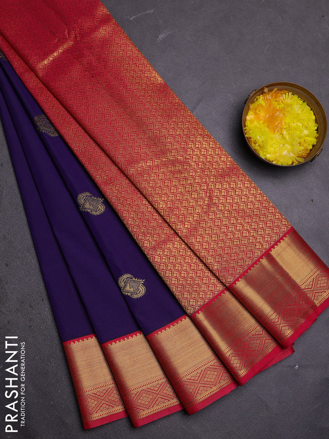 Semi kanchipuram silk saree blue and pink with zari woven buttas and zari woven border