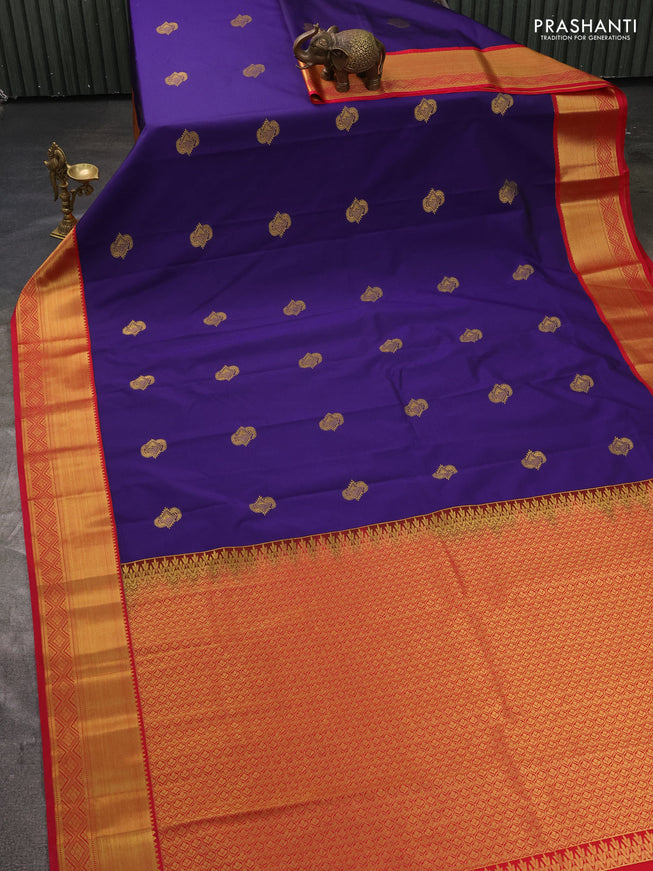 Semi kanchipuram silk saree blue and pink with zari woven buttas and zari woven border