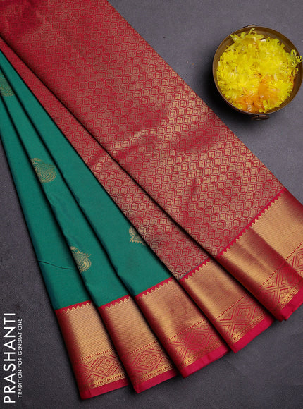 Semi kanchipuram silk saree green and pink with zari woven buttas and zari woven border