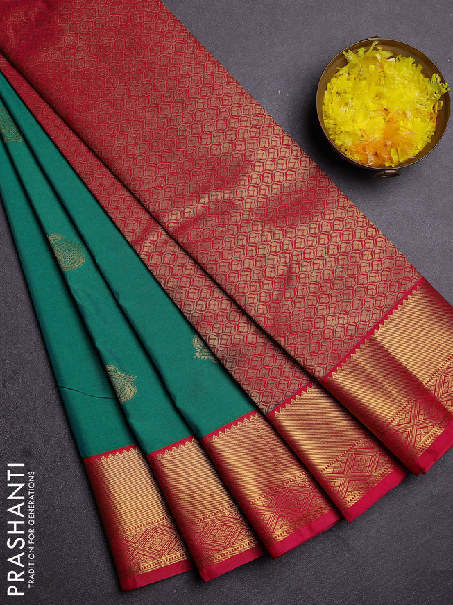 Semi kanchipuram silk saree green and pink with zari woven buttas and zari woven border