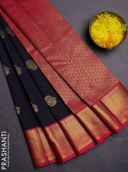 Semi kanchipuram silk saree navy blue and pink with zari woven buttas and zari woven border