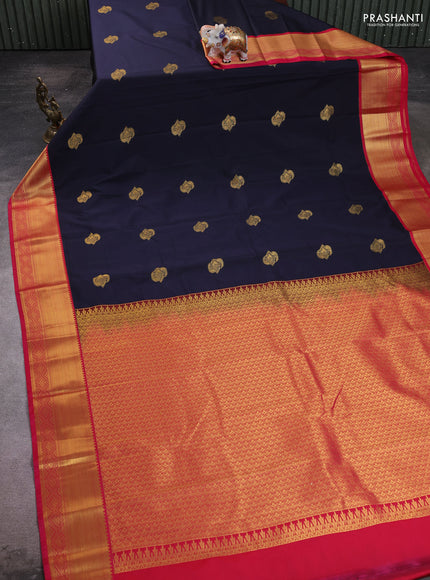 Semi kanchipuram silk saree navy blue and pink with zari woven buttas and zari woven border